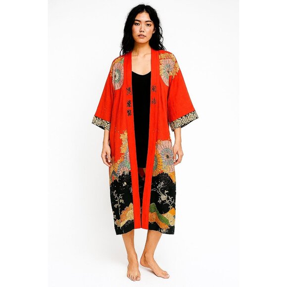 ANTIQUE 1930's‎ Japanese Kimono Yuzen Zome floral Wagasa print in red 30's - Picture 1 of 16